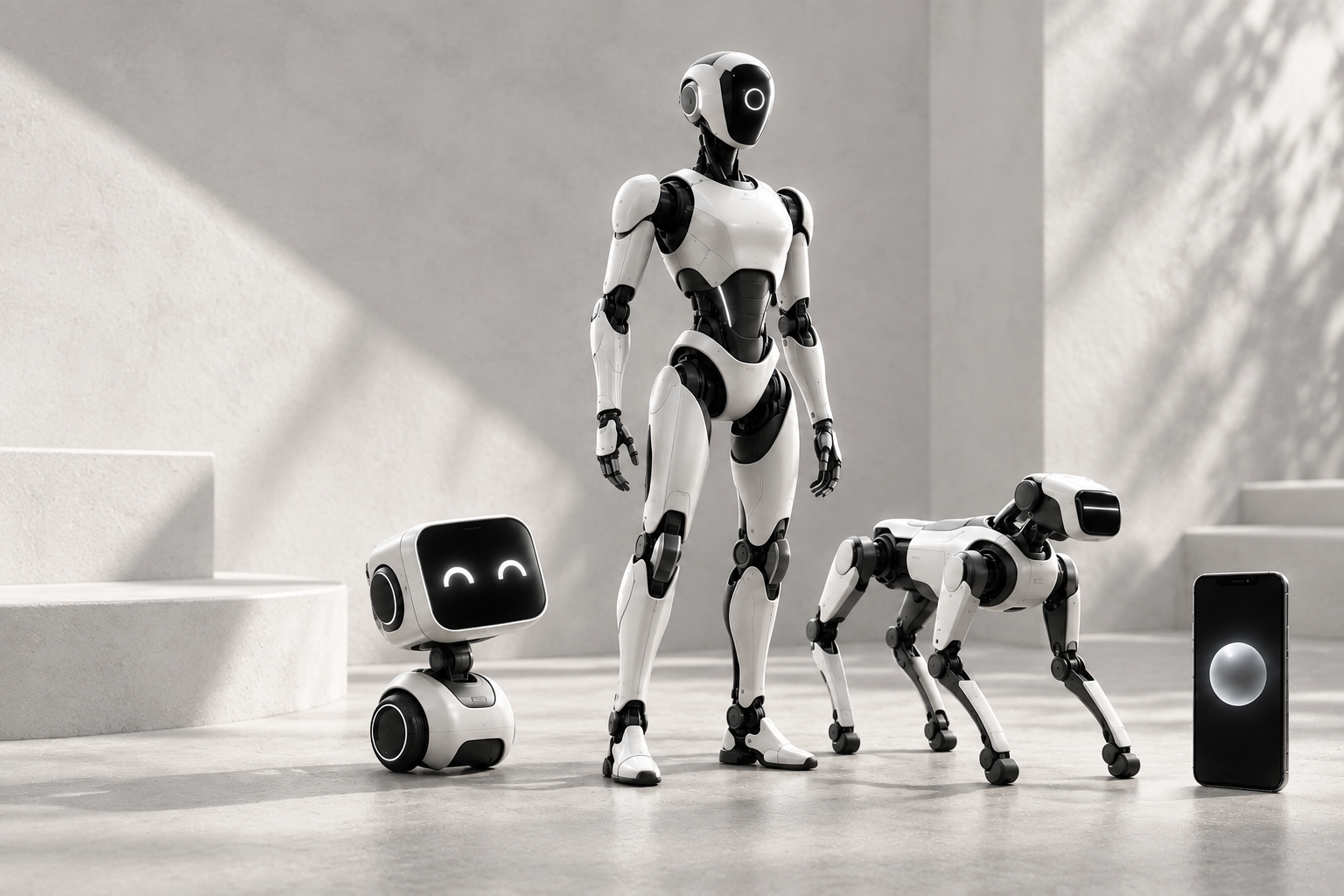 Digital Soul Studio: the original tabletop companion, humanoid, robotic quadruped and phone in monochrome on a softly lit gray background